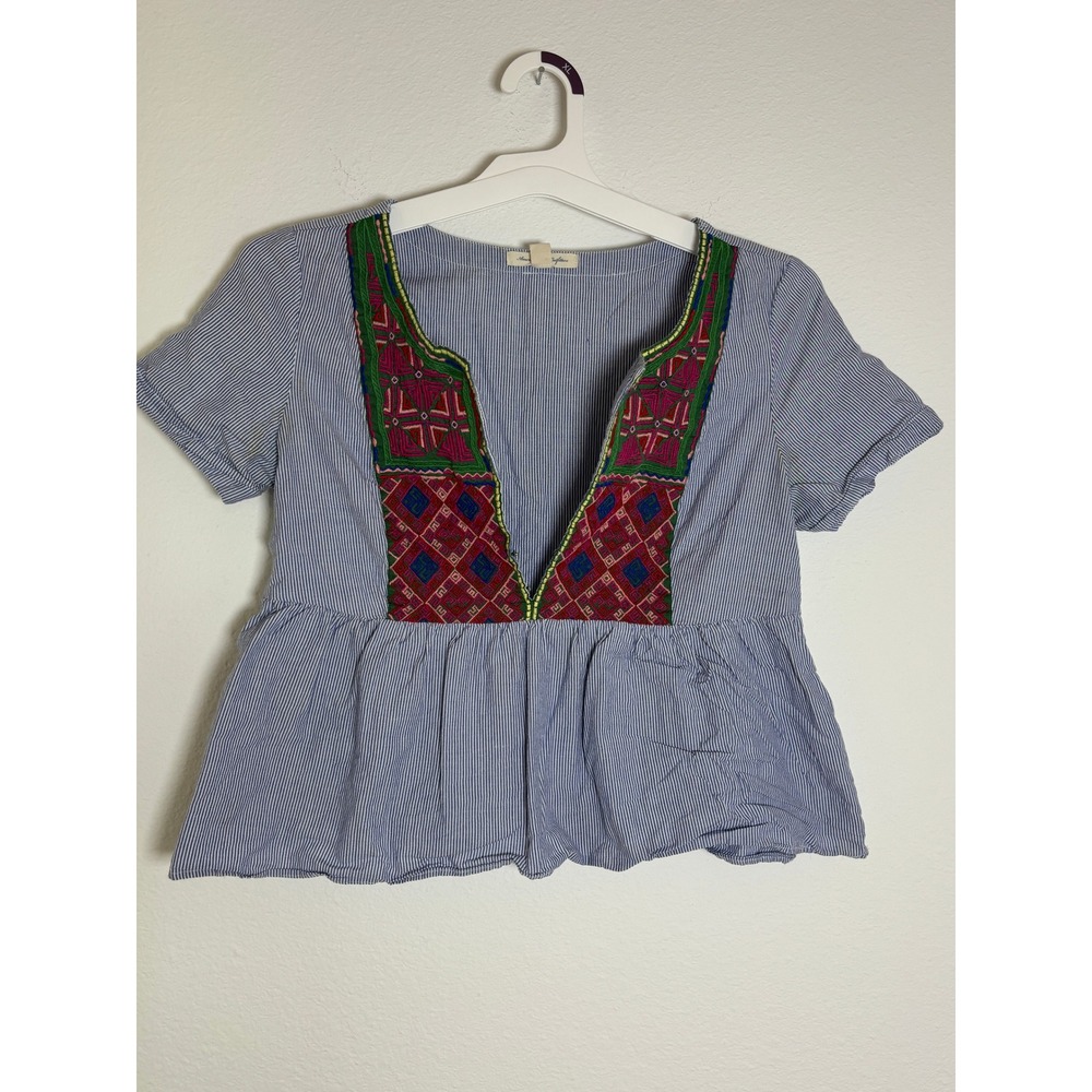 American Eagle Blue White Pinstripe Embroidered Peplum Top Boho Split Neck Small